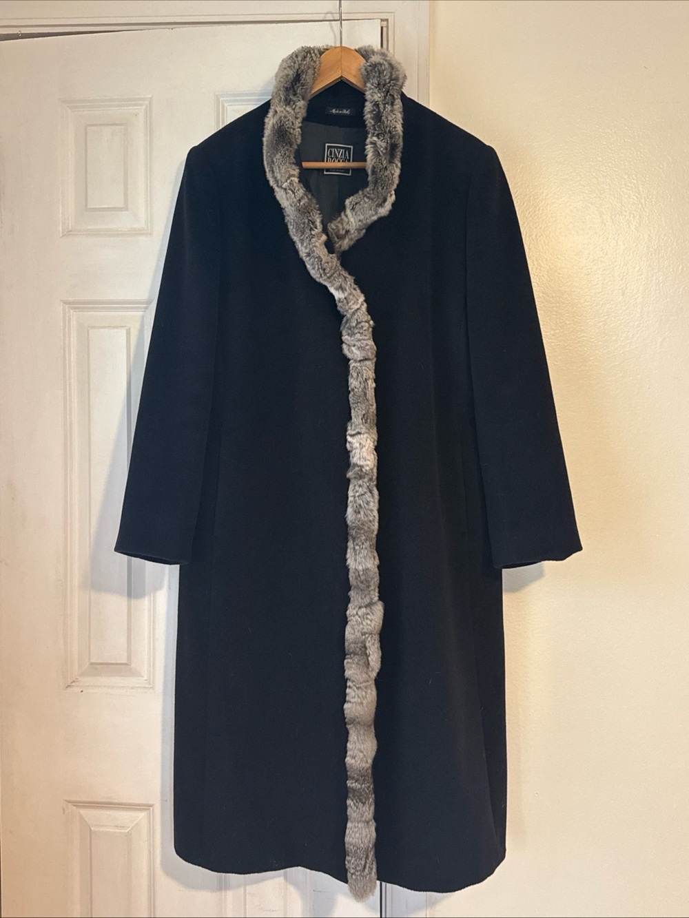 Cinzia Rocca Long Charcoal Wool Lined Coat Chinchilla Trimmed size 14